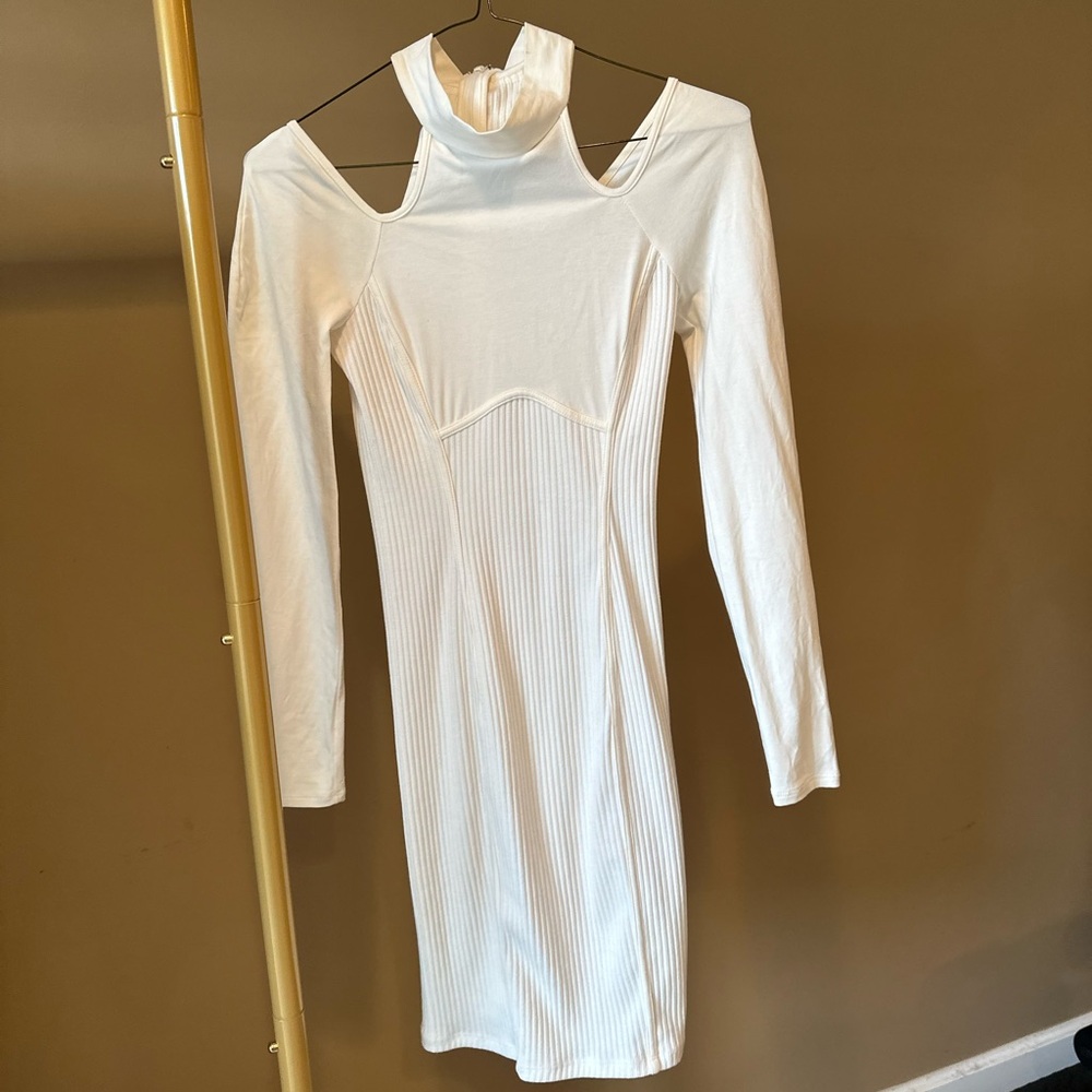 Guess Dress- White Turtleneck Cut Out Ribbed Dress